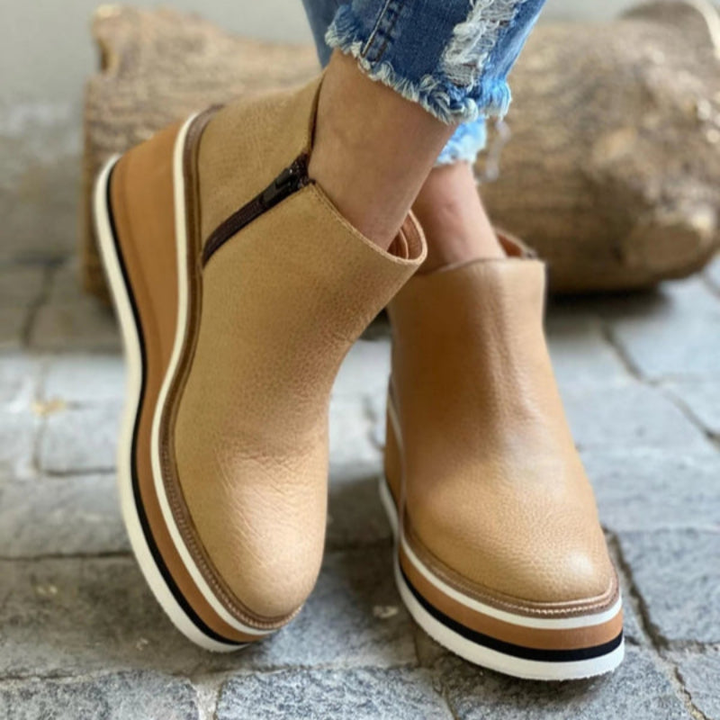 Stylish women's vintage wedge ankle boots, features round toe and side zipper, perfect retro footwear.