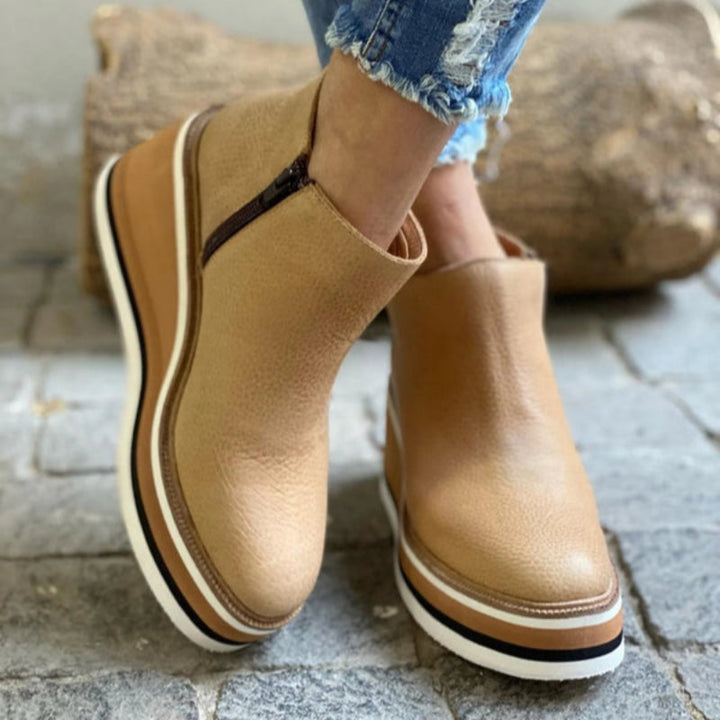 Stylish women's vintage wedge ankle boots, features round toe and side zipper, perfect retro footwear.