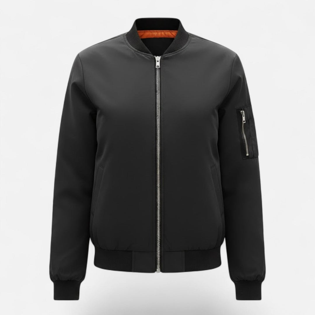Women's vintage zip bomber jacket in a classic fit, perfect for fall fashion & everyday style.