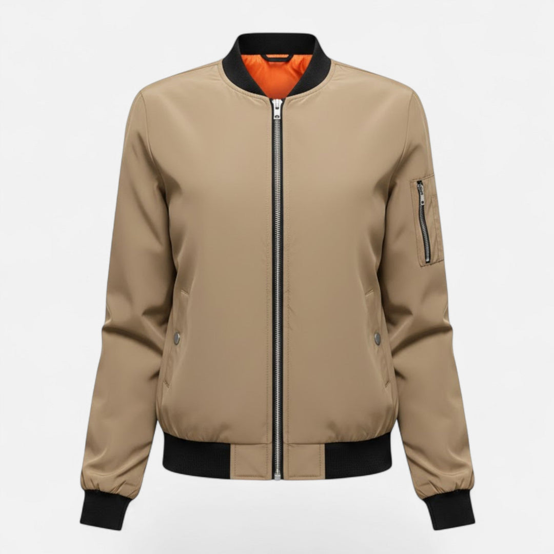 Elegant women's vintage bomber jacket, zip-up design for fashion-forward fall & spring looks.