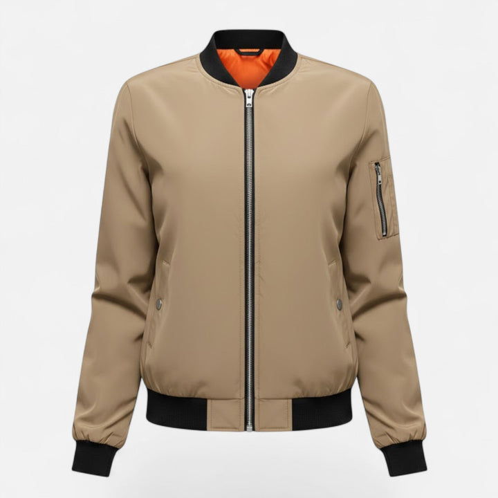 Elegant women's vintage bomber jacket, zip-up design for fashion-forward fall & spring looks.