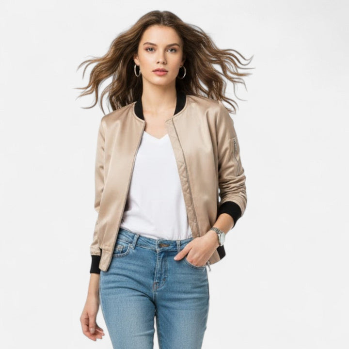 Durable women's zip bomber jacket, vintage style, perfect for everyday casual outerwear.
