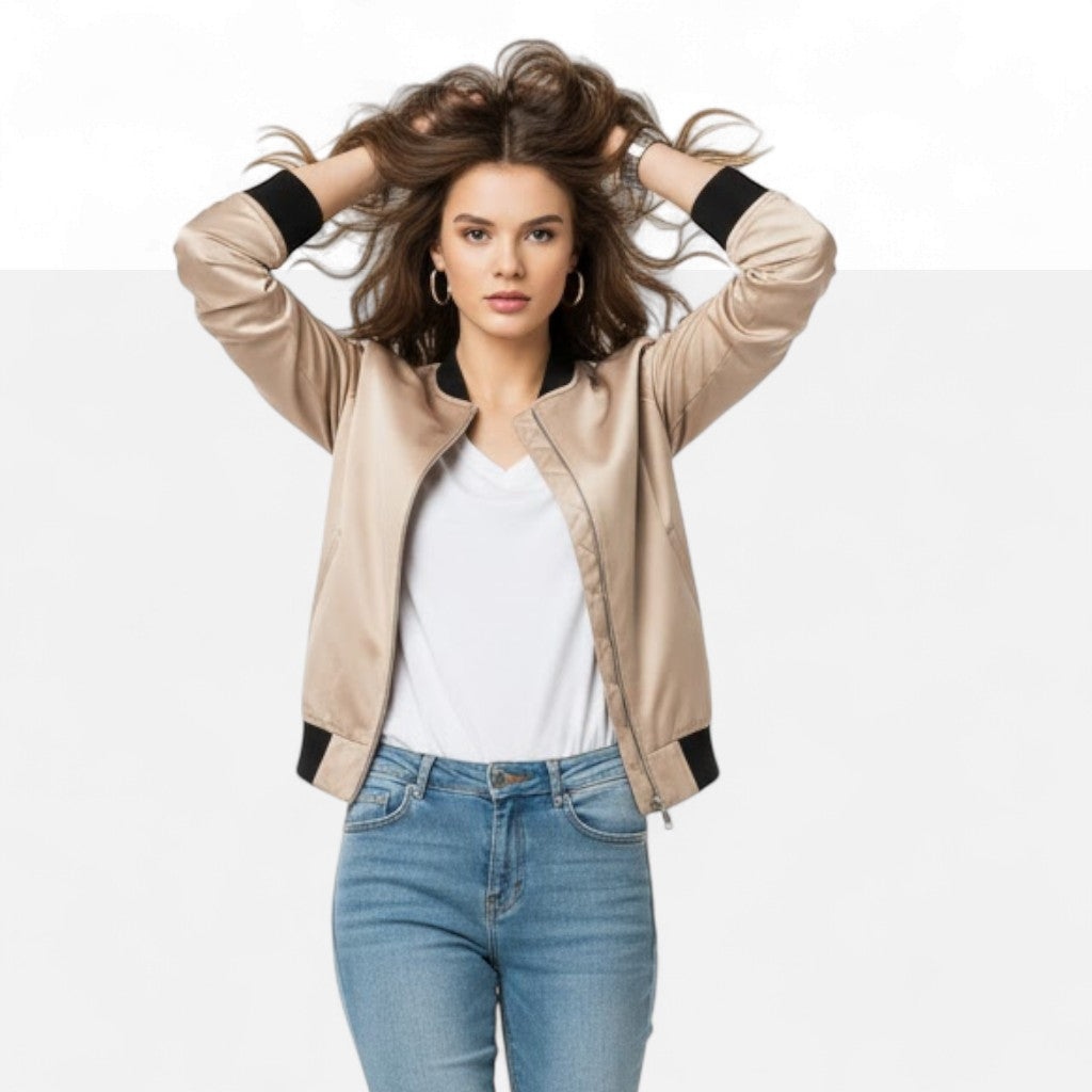 Trendy women's bomber jacket with a smooth zipper, bringing vintage flair to your wardrobe.