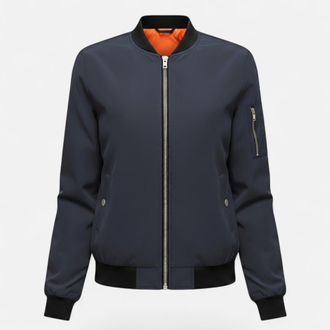 Cozy women's vintage zip bomber jacket, perfect for adding effortless style to any outfit.
