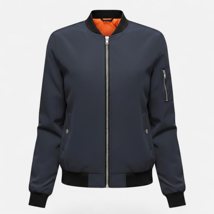 Cozy women's vintage zip bomber jacket, perfect for adding effortless style to any outfit.