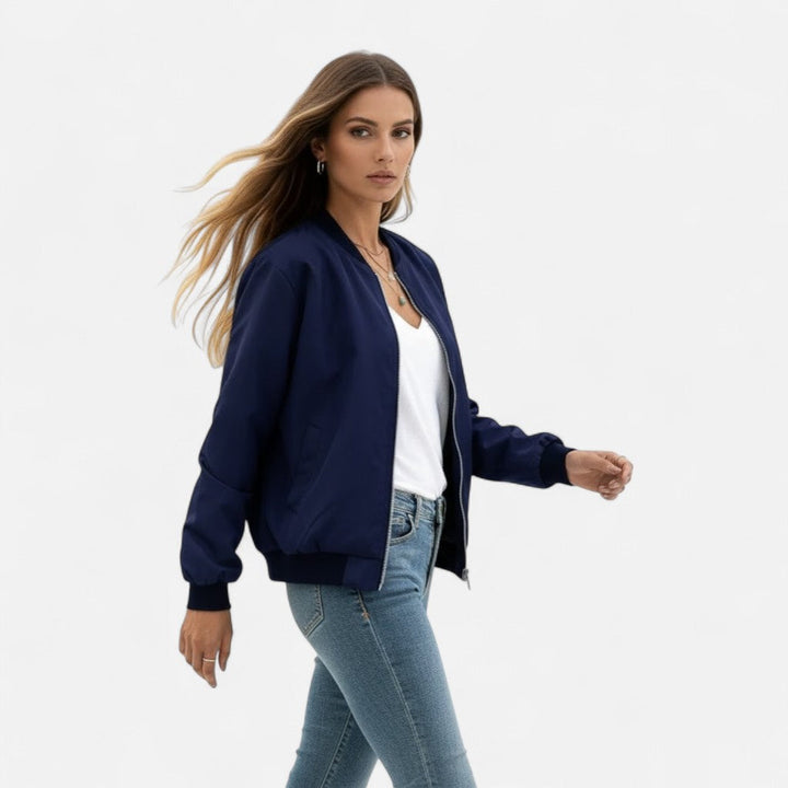 Modern women's zip bomber, vintage style, a comfortable and fashionable fall/spring jacket.