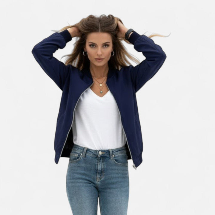 Women's vintage bomber jacket with a convenient front zip, great for stylish, casual layering.