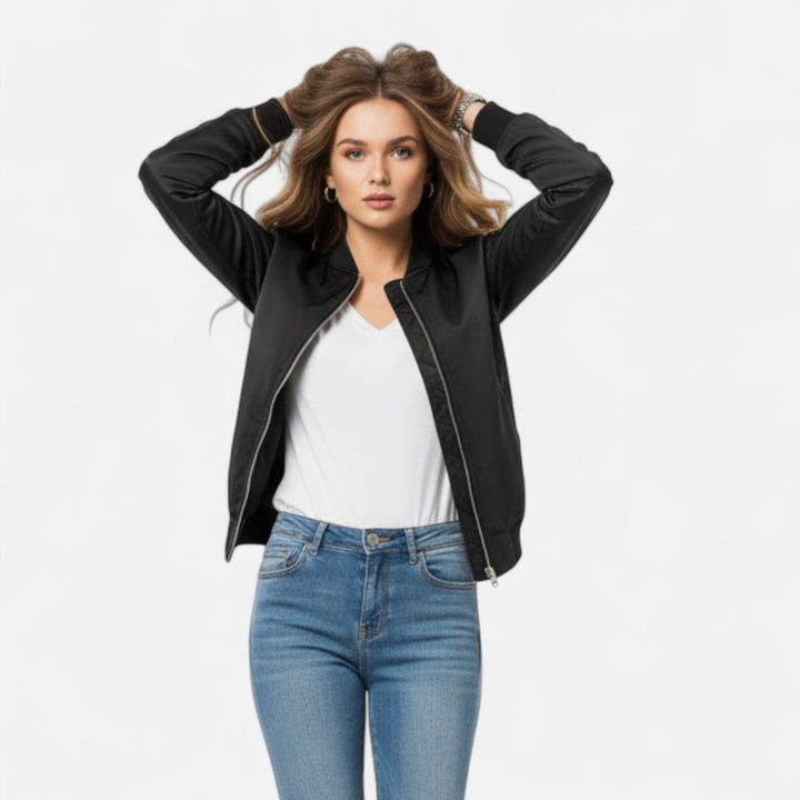 Effortless women's vintage bomber jacket, a fashionable zip-up for everyday wear & versatility.