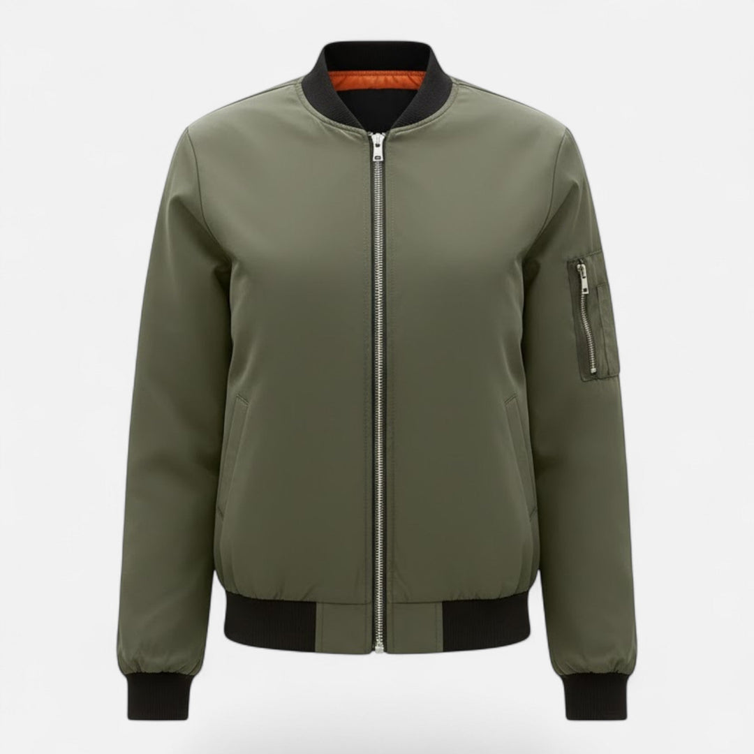 Classic women's zip bomber jacket featuring vintage style, great for fall & spring layering.