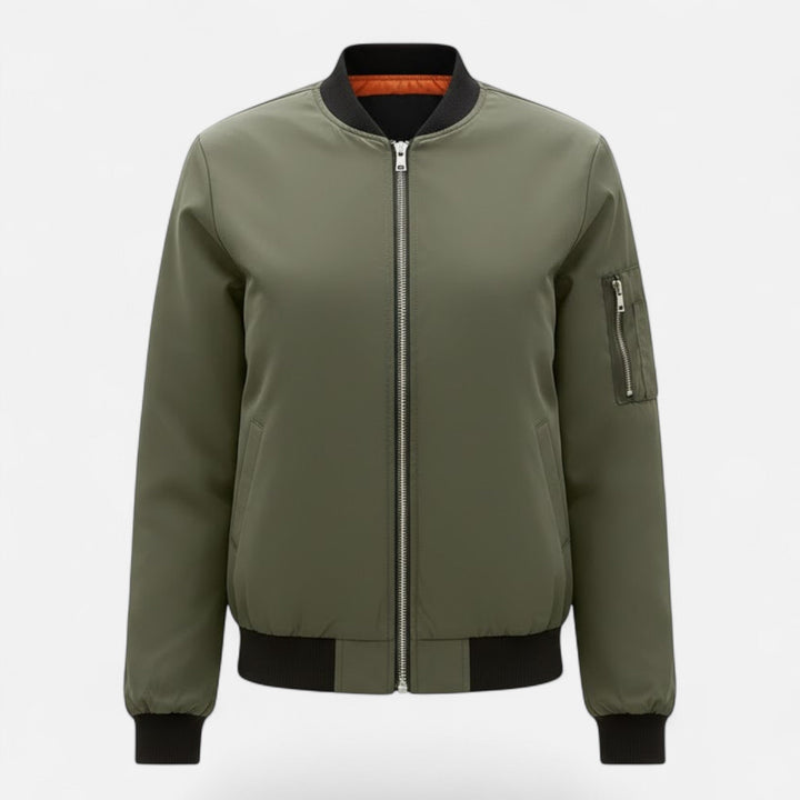 Classic women's zip bomber jacket featuring vintage style, great for fall & spring layering.