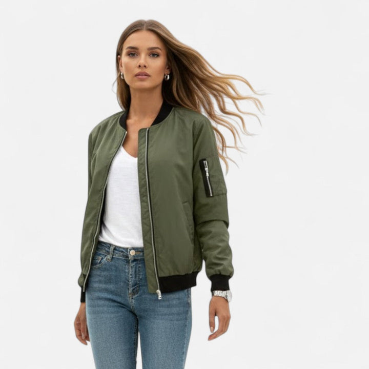 Comfortable women's bomber jacket with a full zip, offering a chic vintage look for any season.