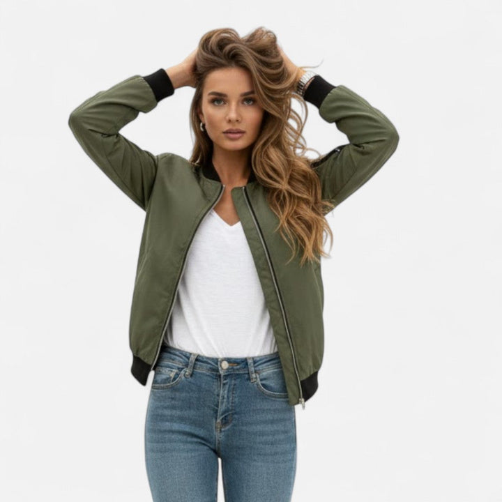 Fashionable women's zip-up jacket, a vintage bomber style perfect for casual and stylish outfits.