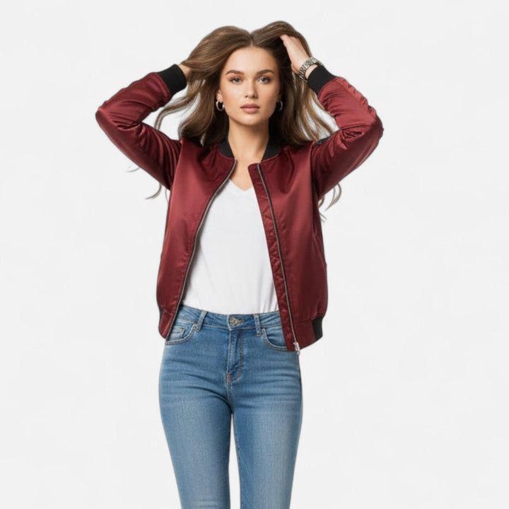 Versatile women's zip bomber jacket, a stylish vintage piece for casual wear & comfort.