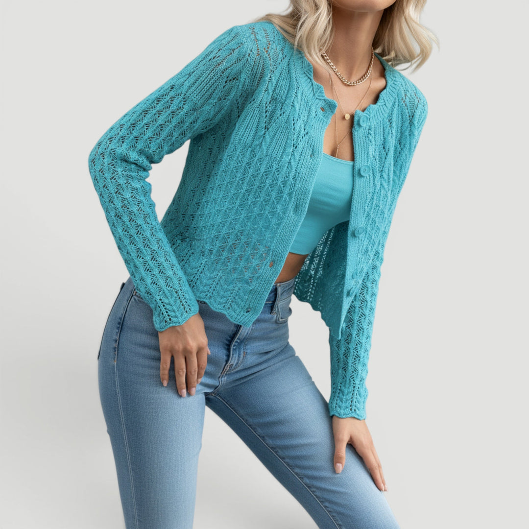 Woman in violet lightweight summer cardigan sweater, adding an elegant, relaxed layer.