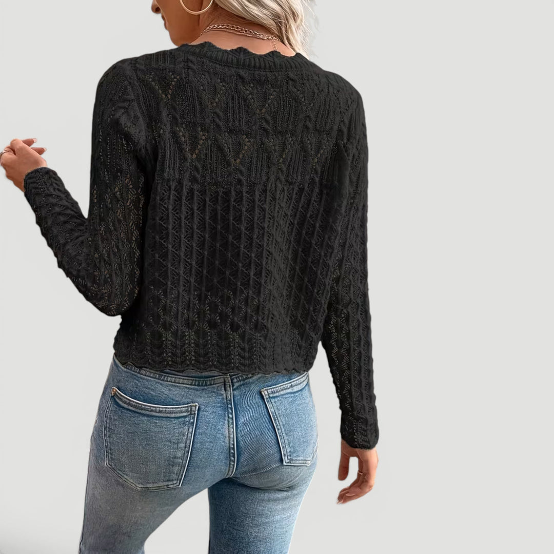 Back of a relaxed fit violet women's summer cardigan sweater, lightweight and breathable design.