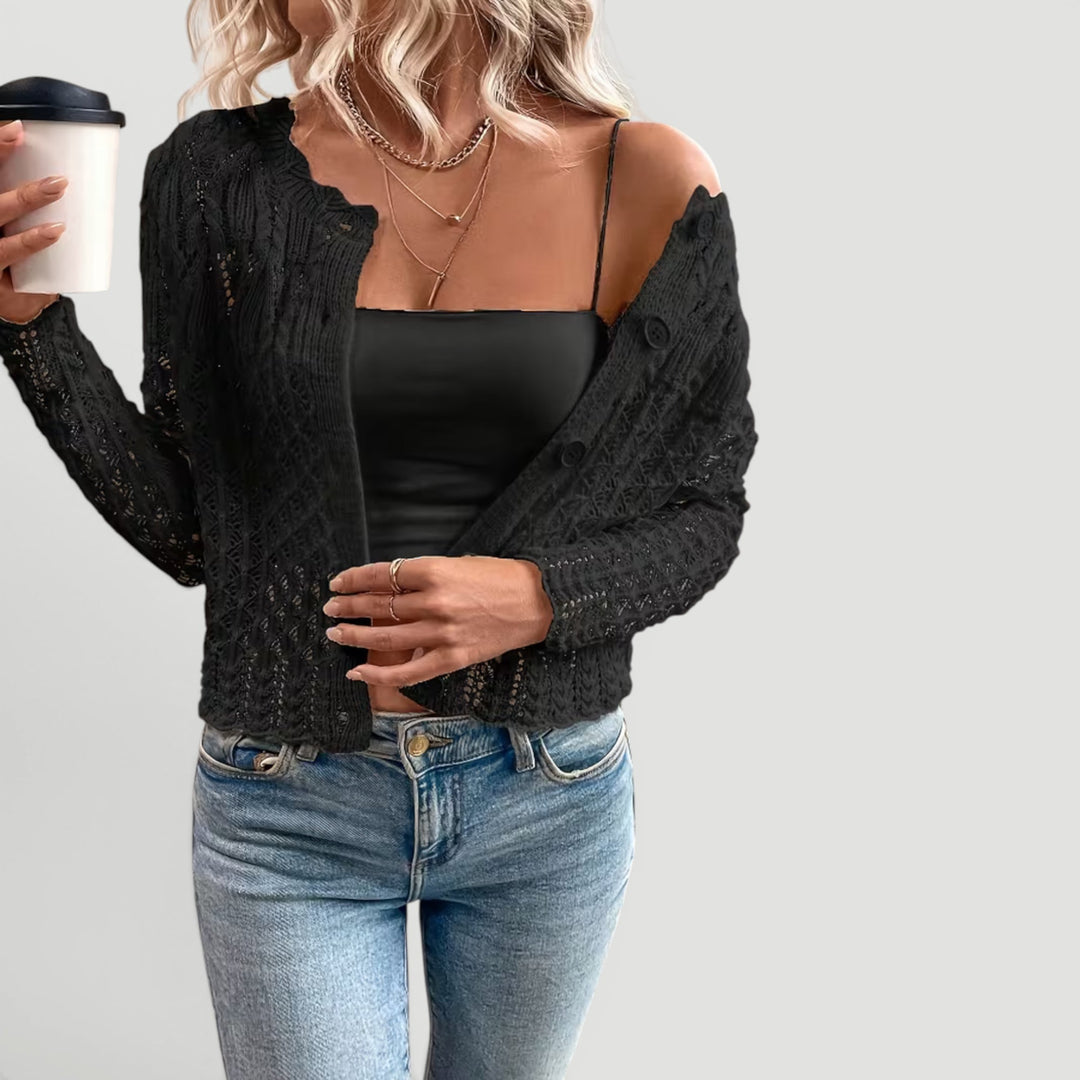 Violet lightweight open knit women's cardigan styled over a camisole, elegant summer fashion.