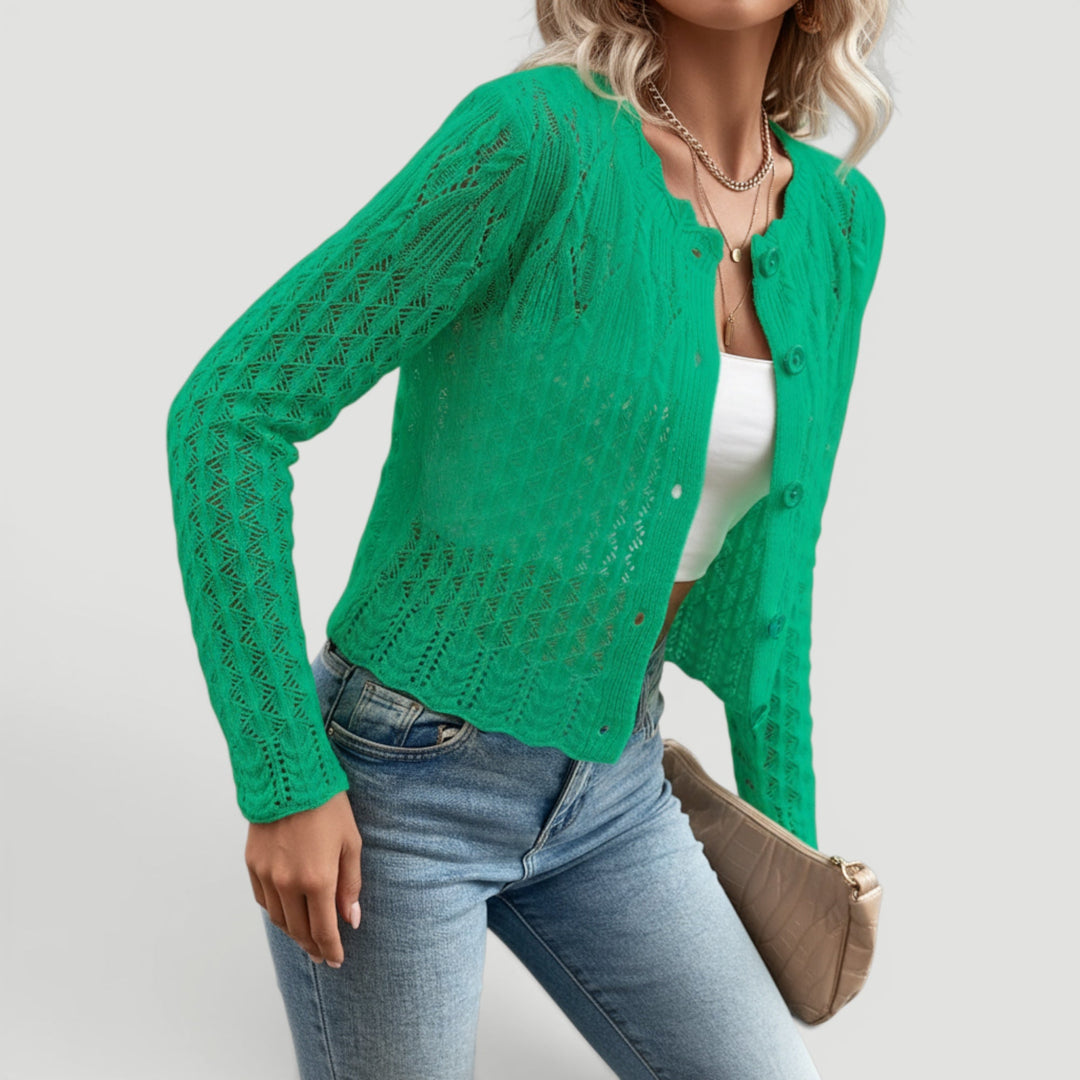Violet button-front lightweight women's cardigan sweater, a chic and versatile summer layer.