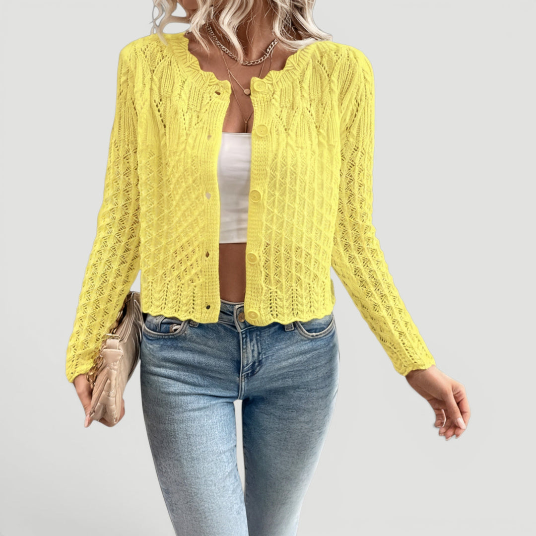 Chic violet lightweight open knit women's cardigan, perfect for elegant summer outfits.