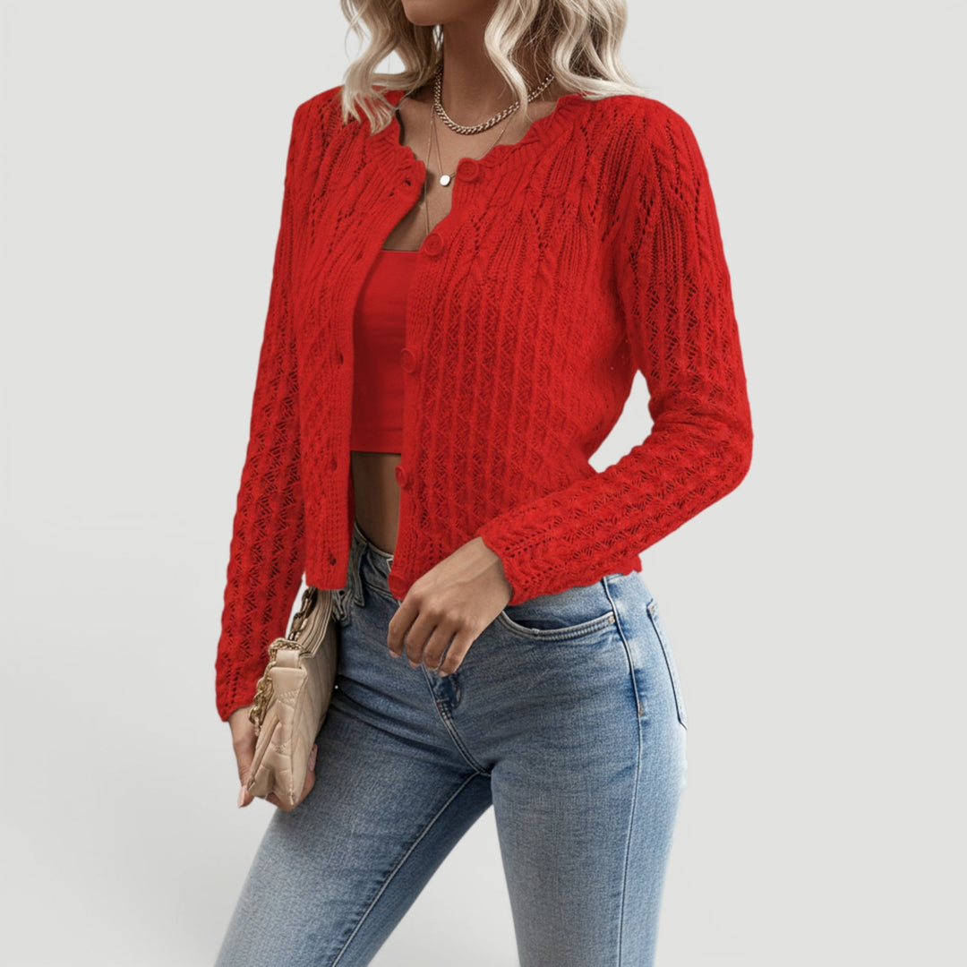 Women's violet lightweight summer cardigan sweater, open knit with a button-front, relaxed fit.