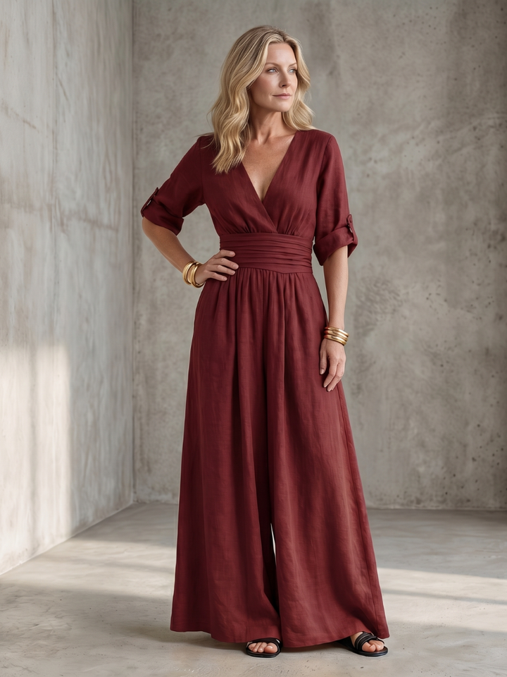 Women's Wanda jumpsuit, close-up of the elegant cross front detail & wide leg fabric.