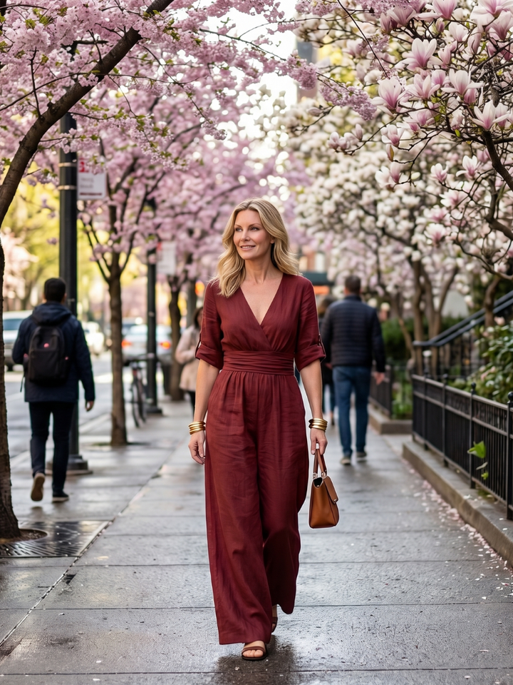 Sky blue cross front wide leg jumpsuit, a versatile women's outfit for spring fashion.