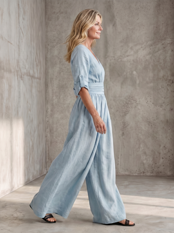 White Wanda wide leg jumpsuit, an elegant and versatile cross front outfit for women.