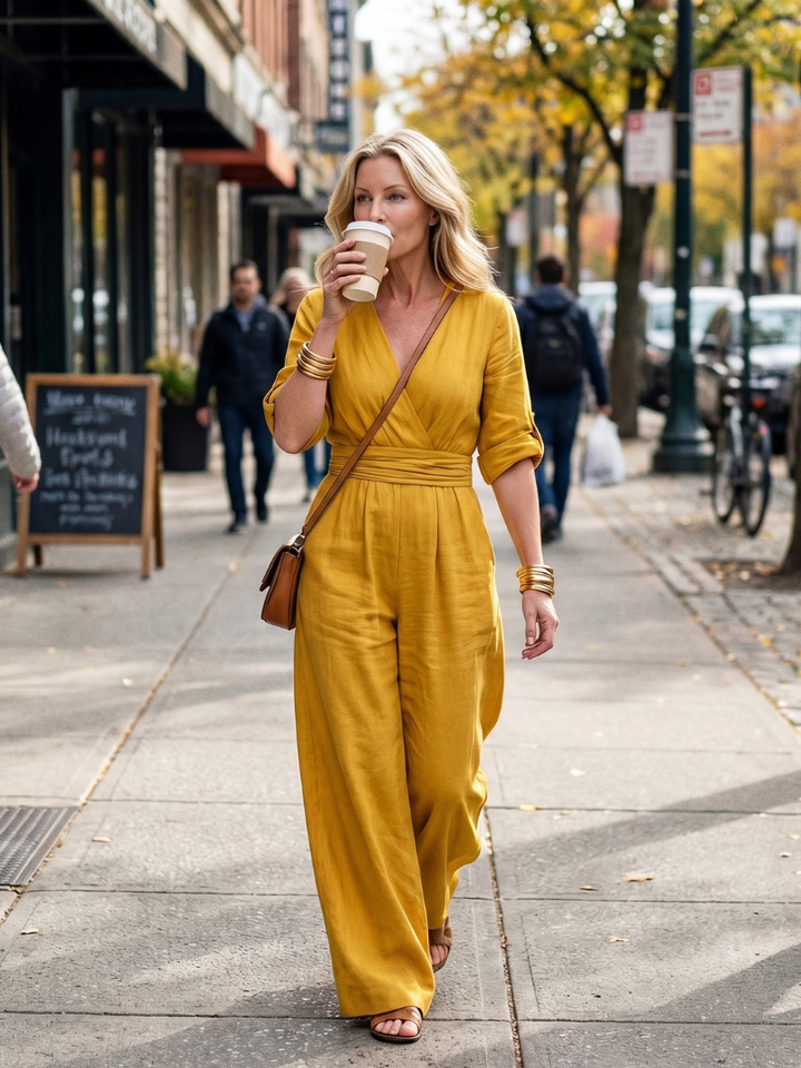 Elegant red Wanda wide leg jumpsuit, featuring a flattering cross front detail for women.