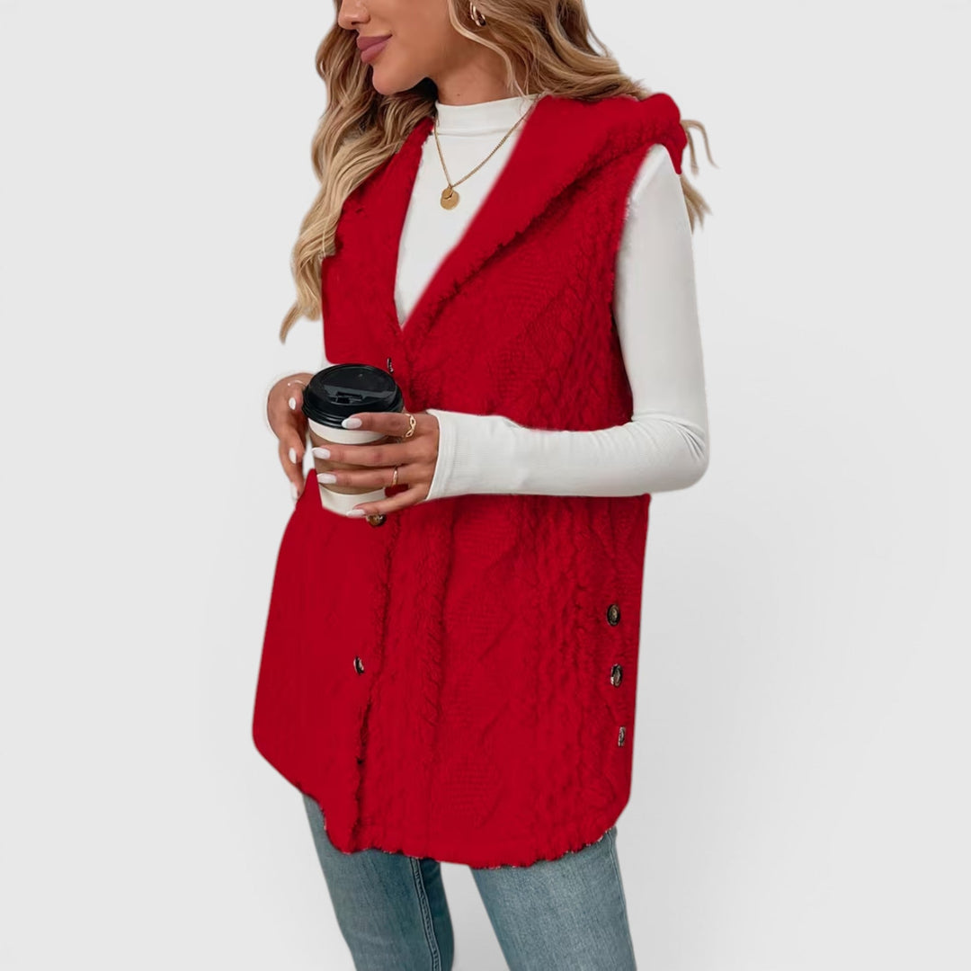 Women's autumn style vest, comfy hooded design with practical button front.