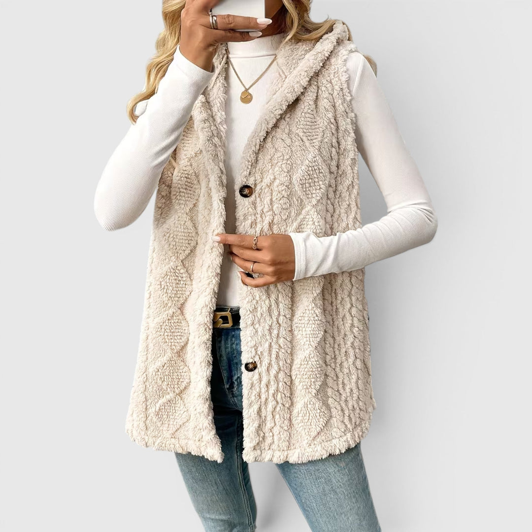 Autumn fashion women's vest, comfortable button-front hooded outerwear.