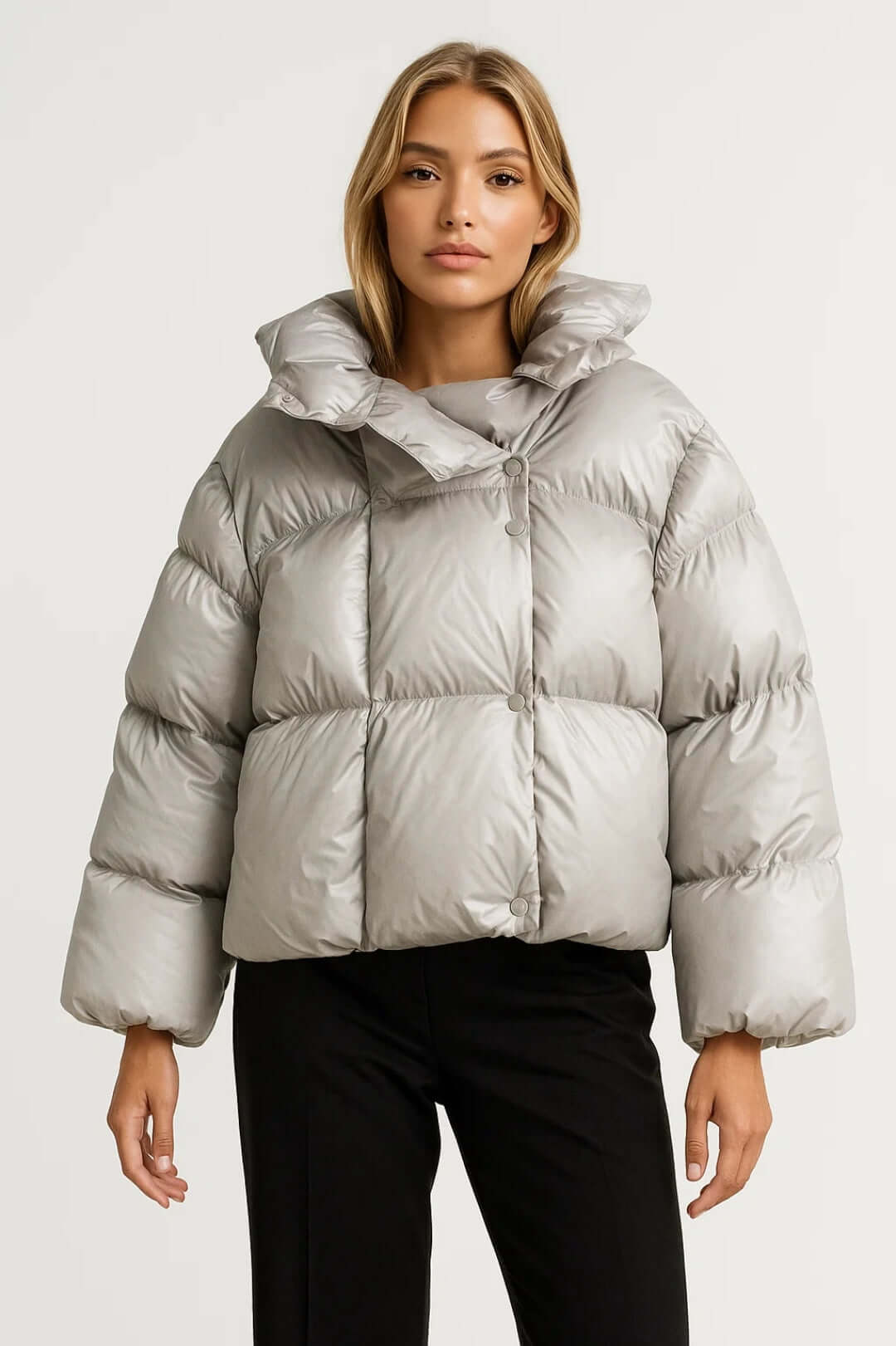Chic women's warm puffer jacket featuring a voluminous design and oversized collar. Ideal trendy winter coat.