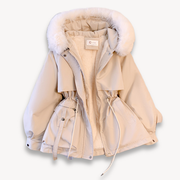 Stylish women's winter parka featuring an adjustable waist & removable hood for a flattering, warm fit.