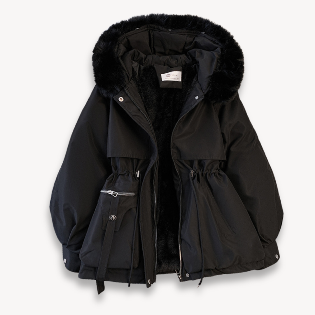 Versatile women's parka jacket with a removable hood, suitable for autumn & winter's cold weather. Warm & chic.