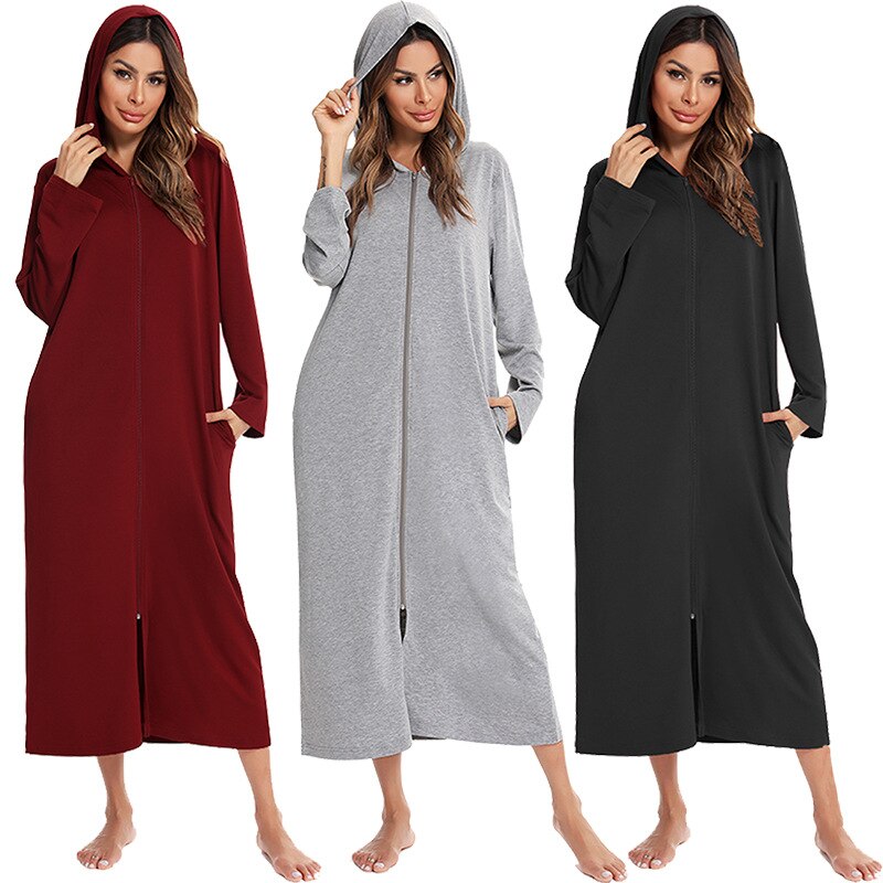 Women's warm zip-up hooded nightdress for cozy winter relaxation.