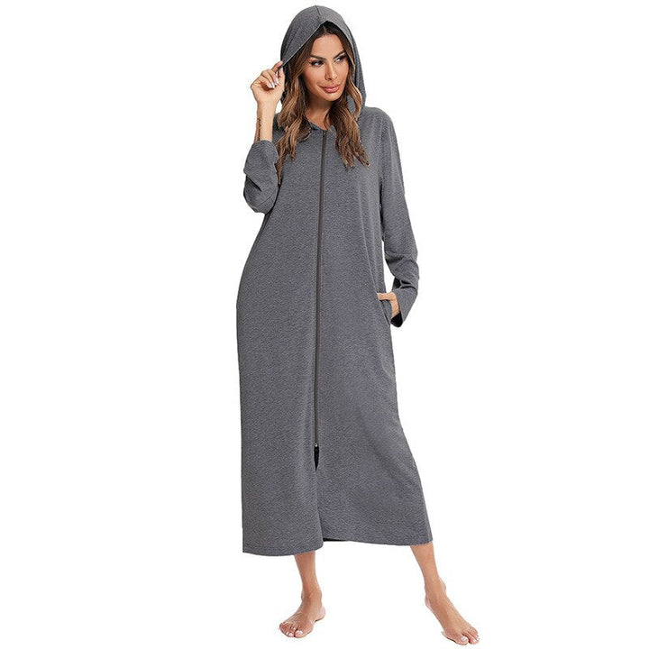 Mid-length warm hooded zip-up nightdress for women, ultimate cozy loungewear.