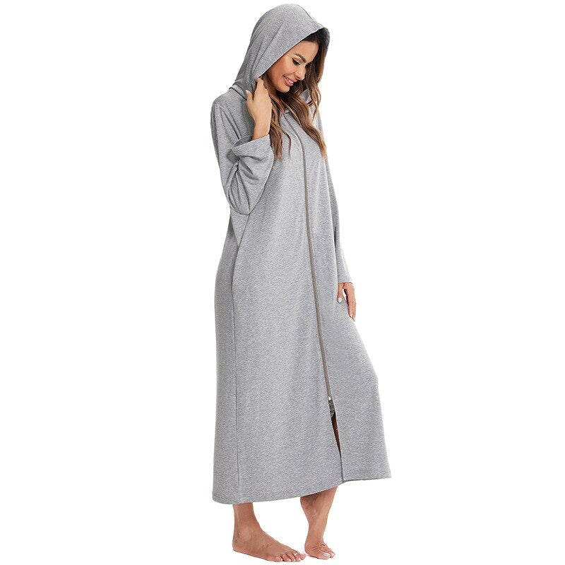 Comfortable & stylish women's hooded zip-up nightgown, cozy home wear.