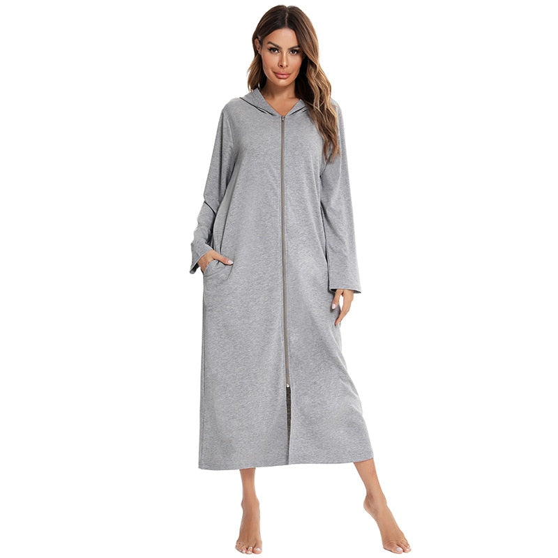 Comfortable women's hooded zip-up nightdress, perfect loungewear for home relaxation.