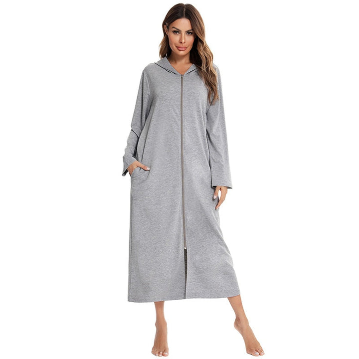 Comfortable women's hooded zip-up nightdress, perfect loungewear for home relaxation.