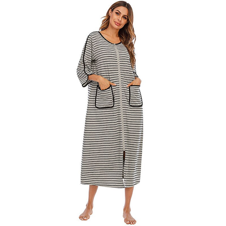 Mid-length hooded zip-up nightgown for women, ideal warm sleepwear.