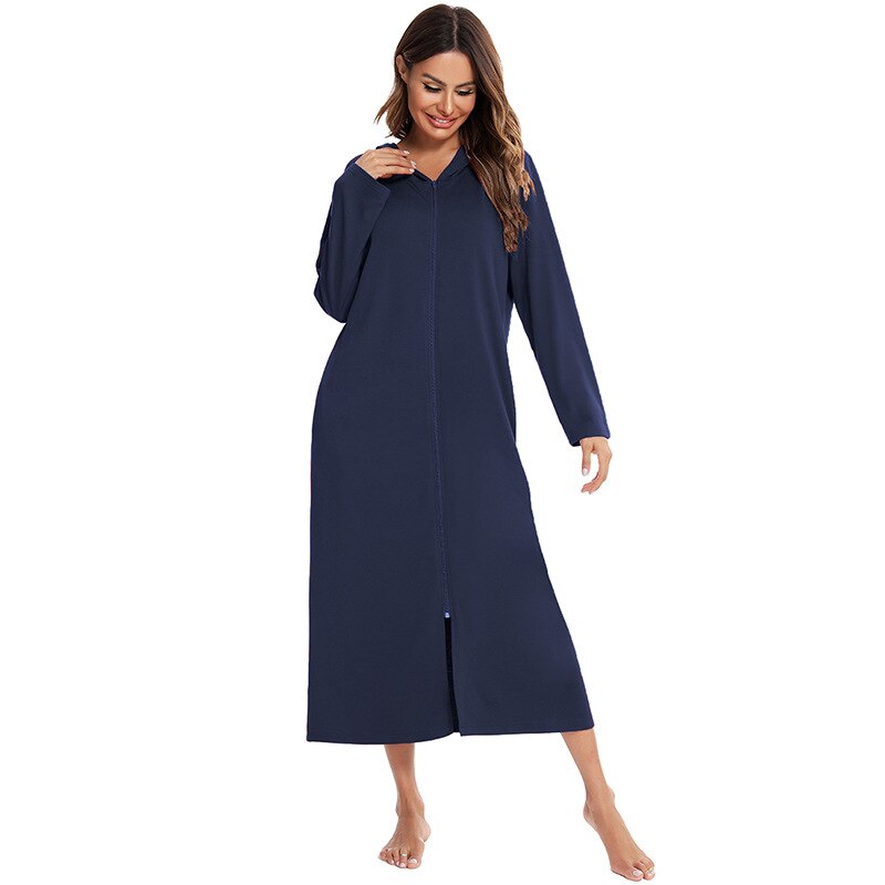 Women's warm hooded zip-up nightgown, comfortable mid-length sleepwear.
