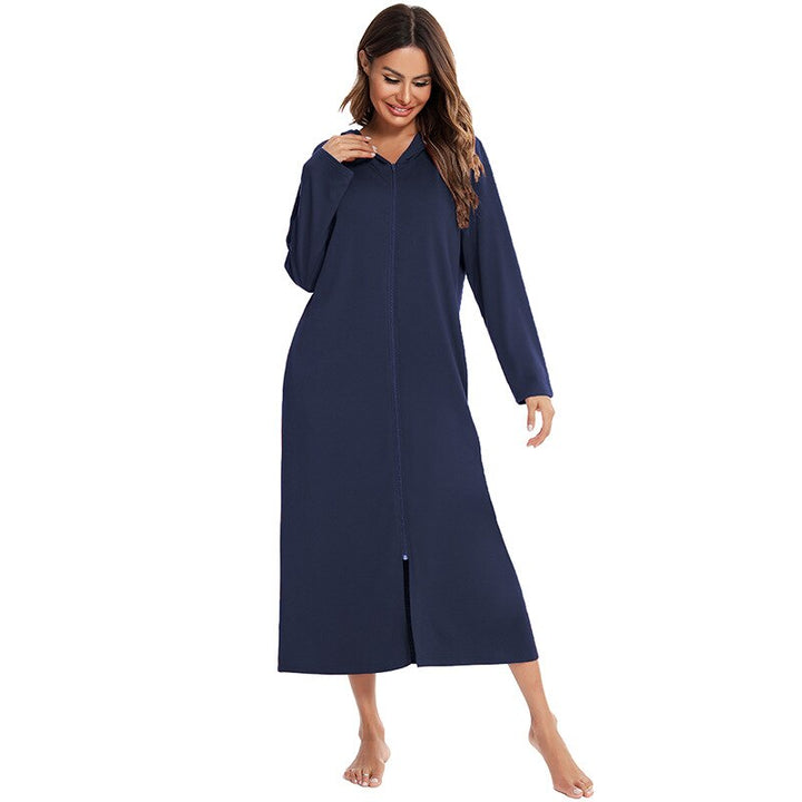 Women's warm hooded zip-up nightgown, comfortable mid-length sleepwear.