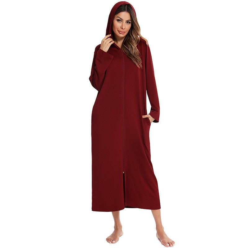 Relaxing women's cozy hooded zip-up nightdress, ideal for home wear.