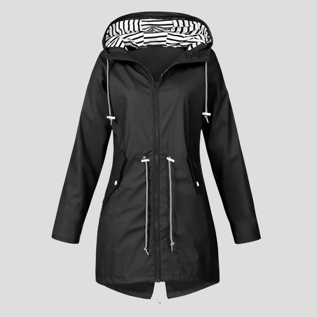 Lightweight women's activewear jacket with adjustable hood, water-resistant for outdoor activities & comfort.