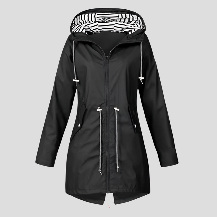 Lightweight women's activewear jacket with adjustable hood, water-resistant for outdoor activities & comfort.