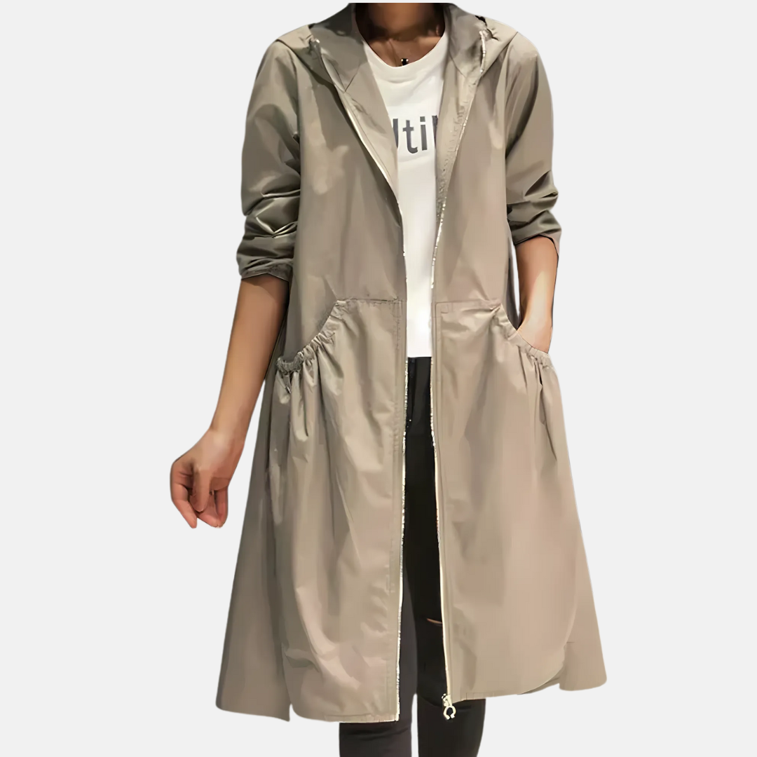 Women's water-resistant hooded knee-length rain jacket, perfect for spring & fall weather protection.
