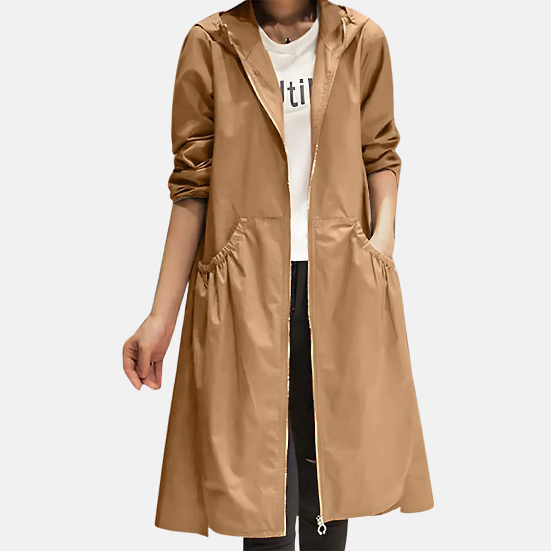 Lightweight women's rain jacket, water-resistant with a hood & knee-length for optimal weather protection.