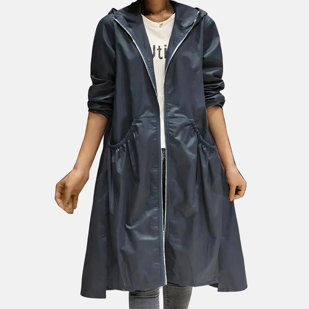 Chic women's water-resistant hooded knee-length jacket, ideal lightweight outerwear for spring & fall rain protection.