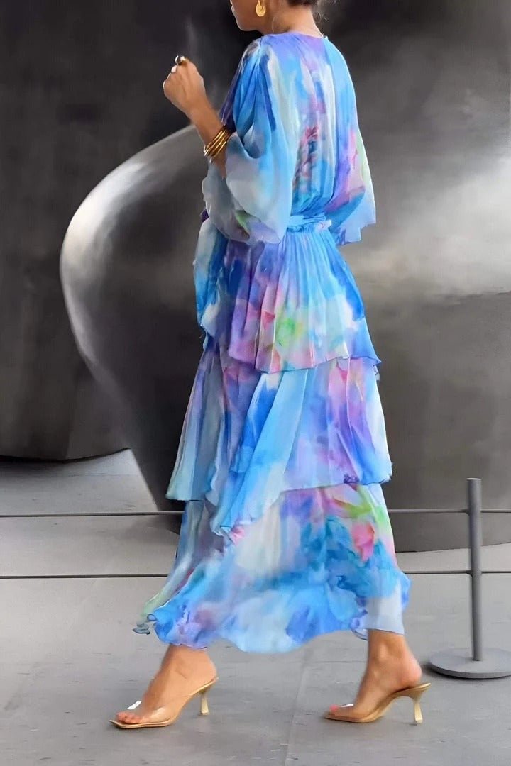 Beautiful women's watercolour floral tiered maxi dress in light chiffon, an elegant choice for any event.
