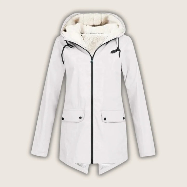 Outdoor women's waterproof hooded jacket with secure front pockets, perfect for hiking, travel, and wet weather.