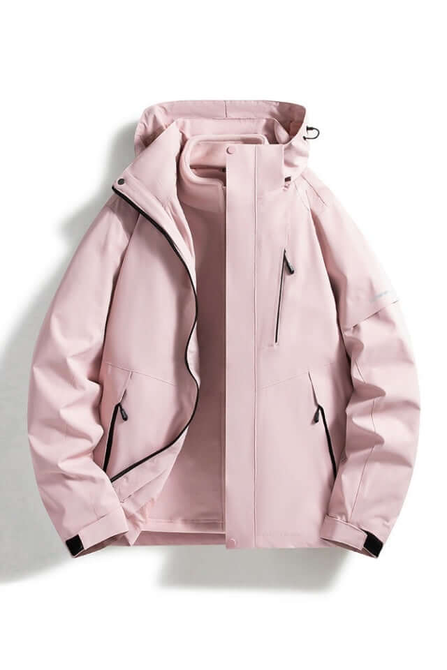 Durable women's waterproof windbreaker with hood, offering all-weather protection for outdoor activities.