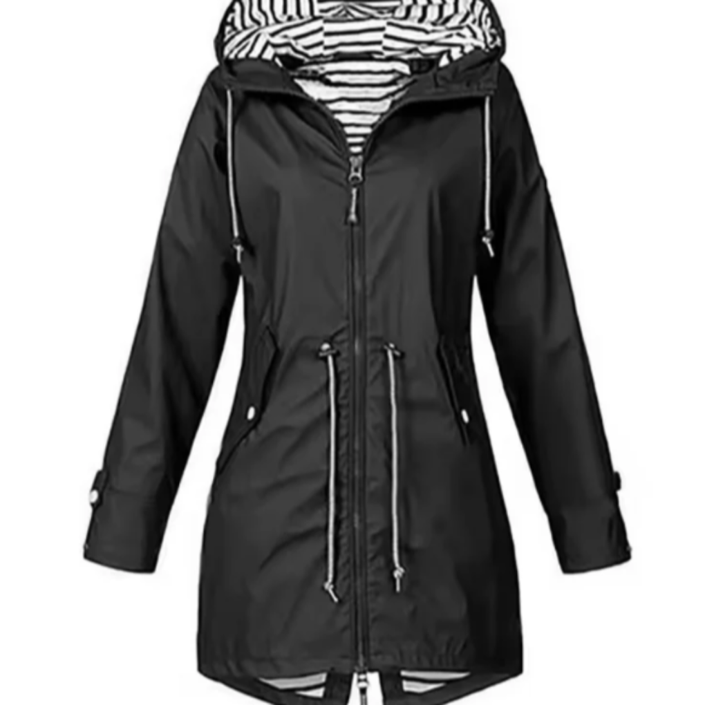 Women's waterproof hooded outdoor jacket, perfect for rain and wind. Lightweight activewear with multiple pockets.